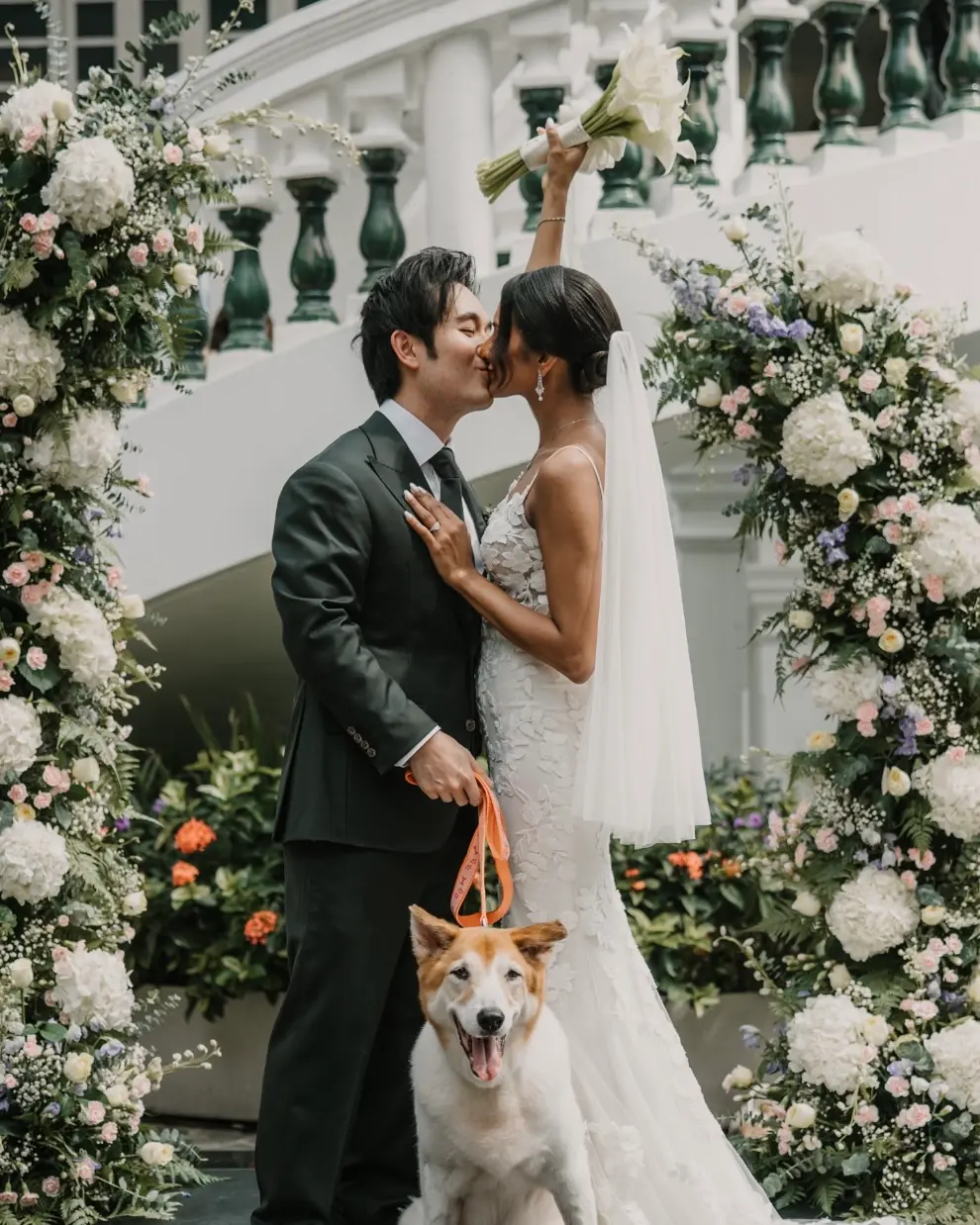 Preston on his wedding day with his wife and dog